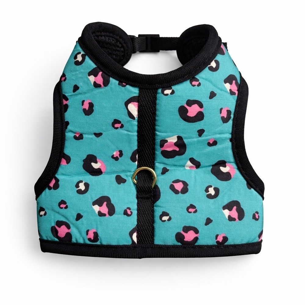 XXS Adjustable Cat Harness Teal Leopard Soft Mesh Kitten Walking Vest